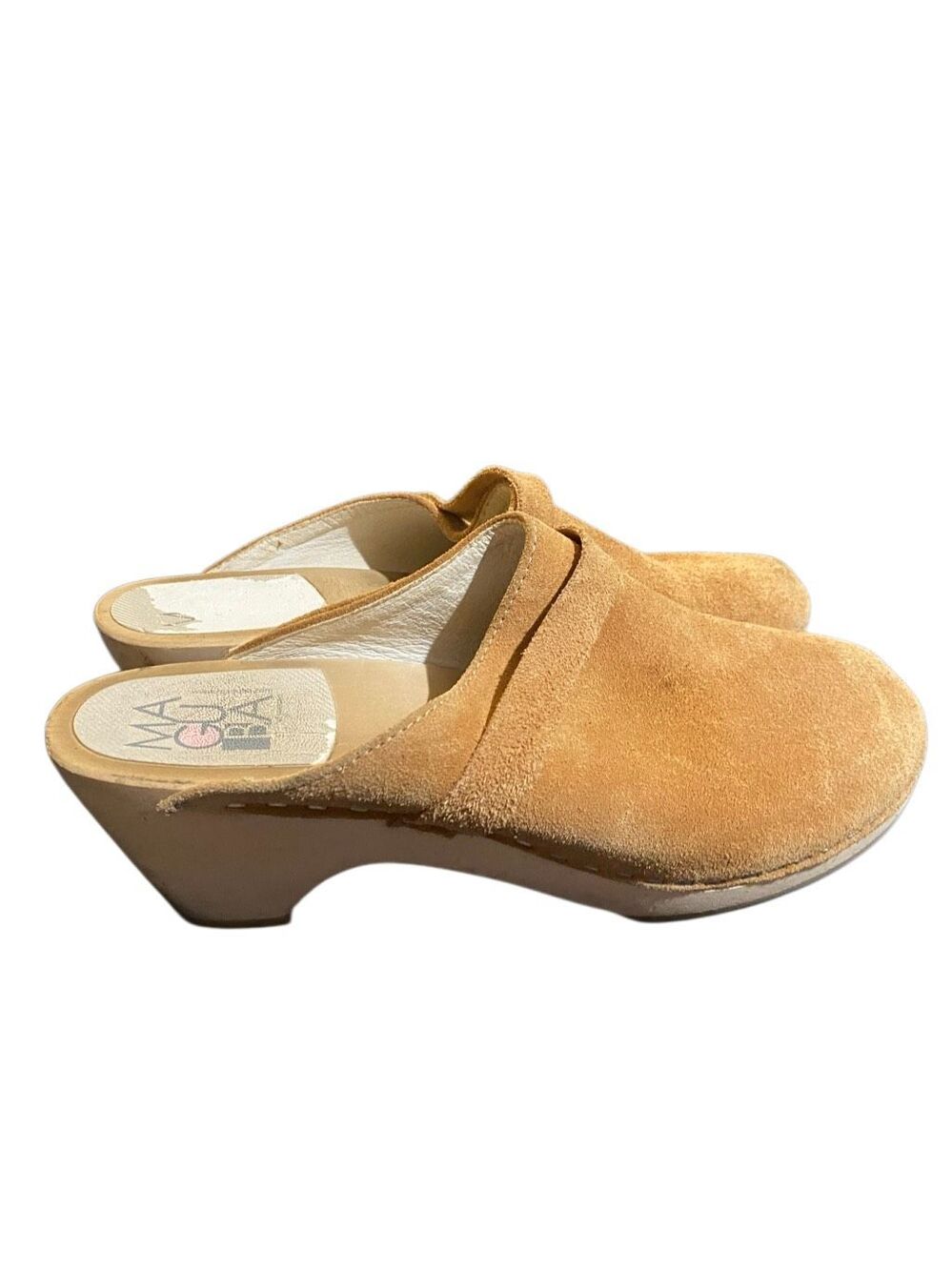 Maguba Swedish women’s suede brown slip on wooden clogs retro 10